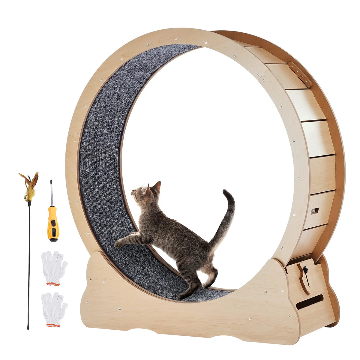Roue d'exercice pour chat en bois, silencieuse, avec tapis amovible